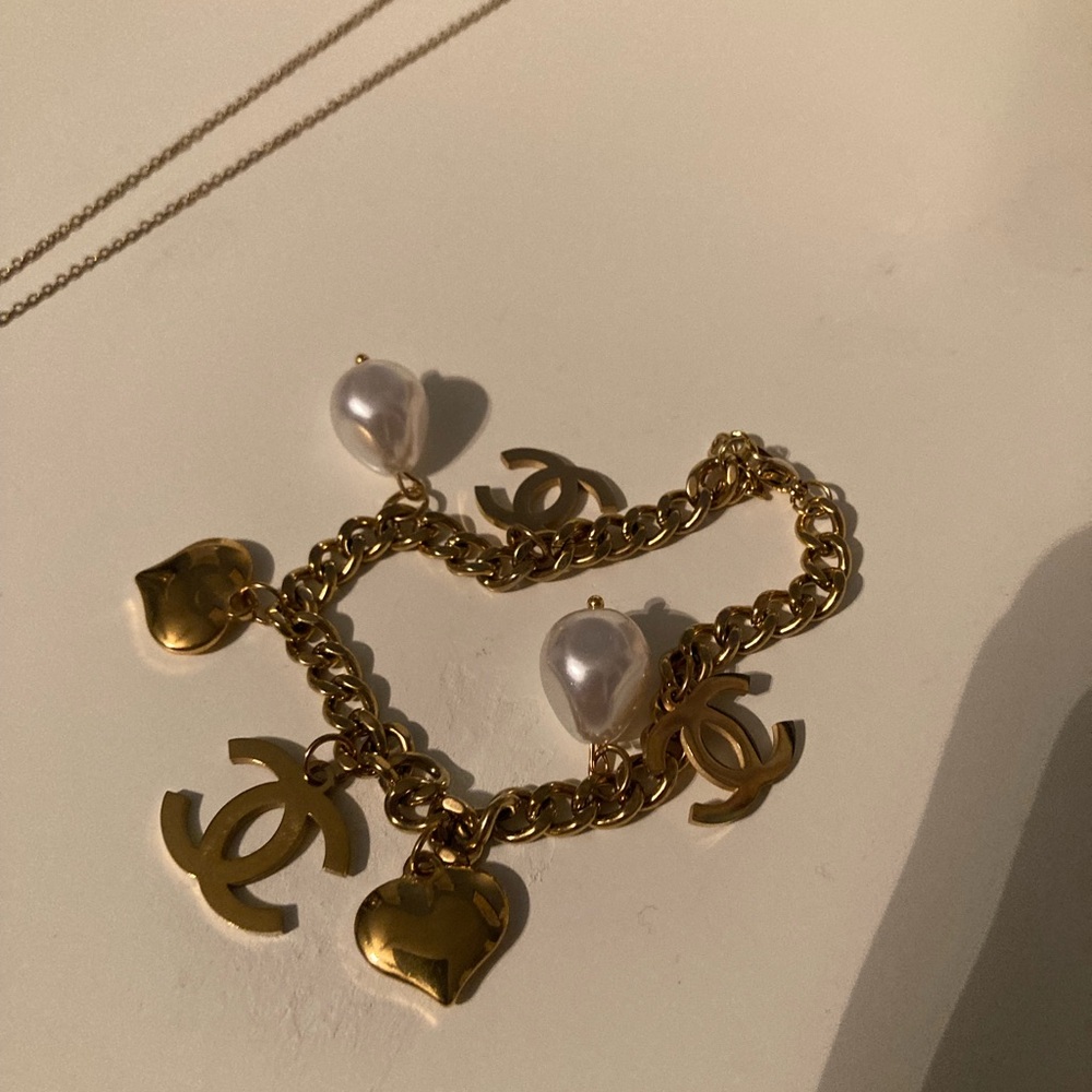 COPY Chanel Gold and White Charm Bracelet, earrings and necklaces set
